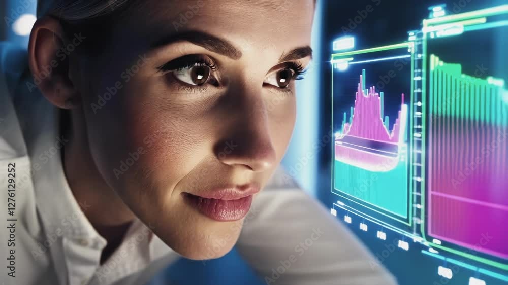 Poster confident businesswoman interacts with vibrant holographic financial charts in a futuristic setting,