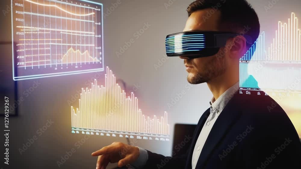 Poster Professional analyzing business data through immersive virtual reality technology, interacting with holographic graphs in sleek, futuristic workspace while wearing advanced vr headset