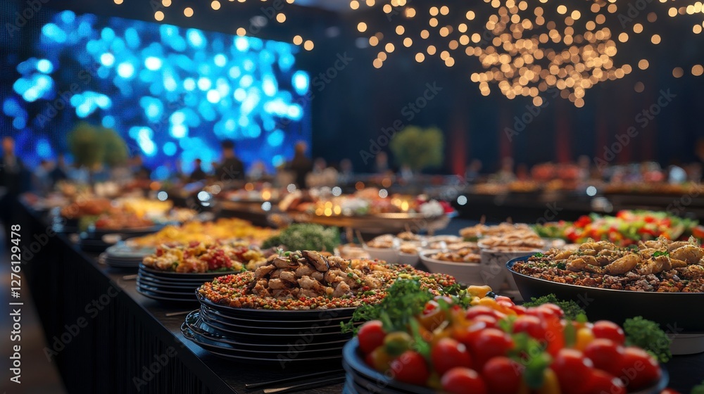Poster a lavish buffet featuring an array of colorful dishes, illuminated by twinkling lights, set against 