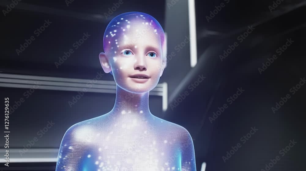 Poster glowing holographic figure demonstrates futuristic technology within a sleek, high tech environment.