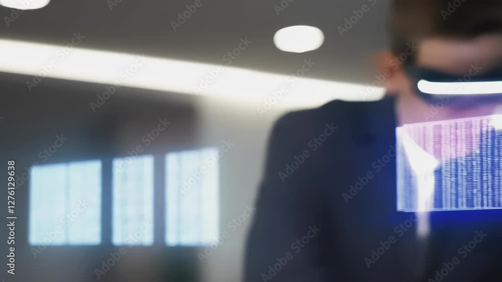 Poster Corporate team collaborating through advanced virtual reality technology, interacting with digital holograms and analyzing complex data within sleek, modern office workspace