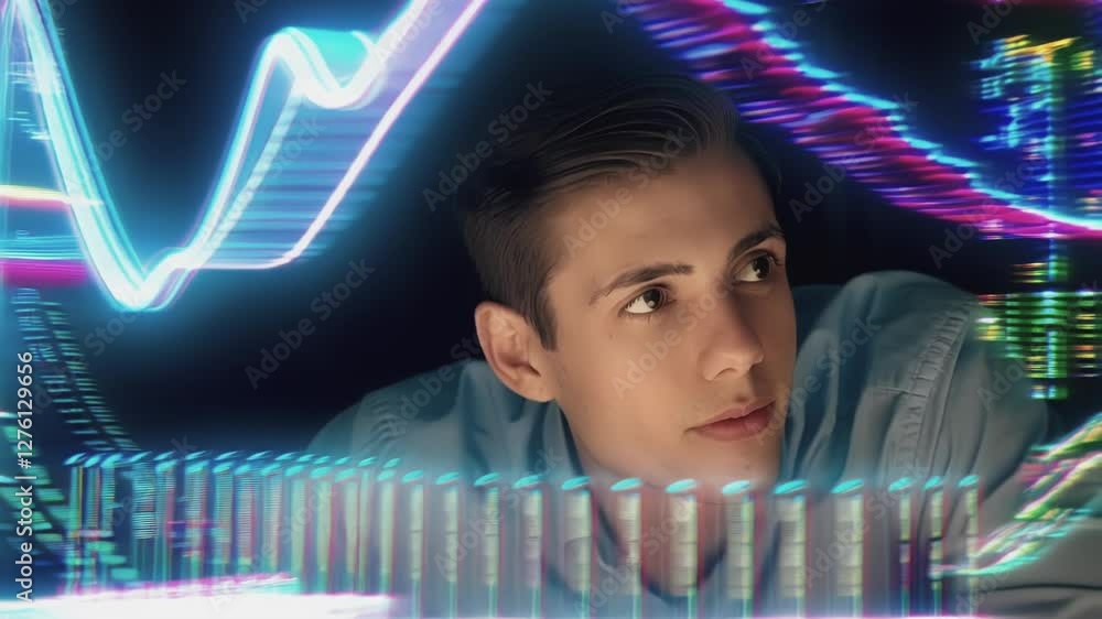 Poster financial professional analyzing vibrant holographic graphs, representing cutting edge technology in