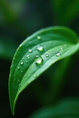 Fototapeta premium Tiny dewdrops glisten on green leaves of orchid plant, leaves, dew on plants