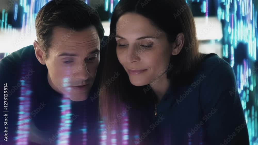Poster Business professionals examining digital hologram display, deeply engaging with data visualization through collaborative analysis and strategic interaction in high tech workplace environment
