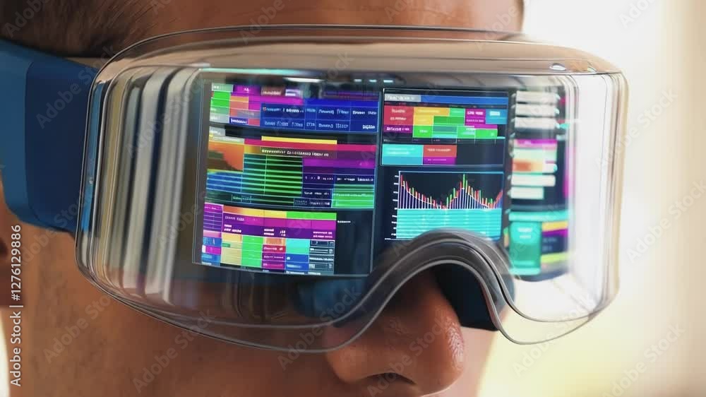 Aufkleber Business professional analyzing data through augmented reality glasses, showcasing interactive holographic graphs and charts in a modern tech setting