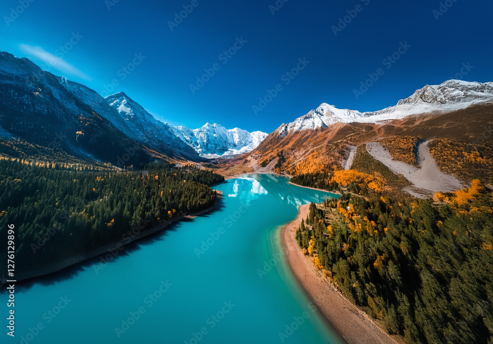 Poster aerial view captures a turquoise river snaking through a valley surrounded by snow-capped mountains 