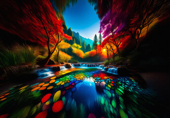 Fototapeta premium Colorful river flows through a forest of vividly hued trees, creating a magical, painterly landscape with bright, saturated colors.