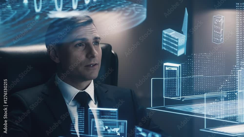 Poster business executive in an office setting interacts with a dynamic holographic display featuring citys