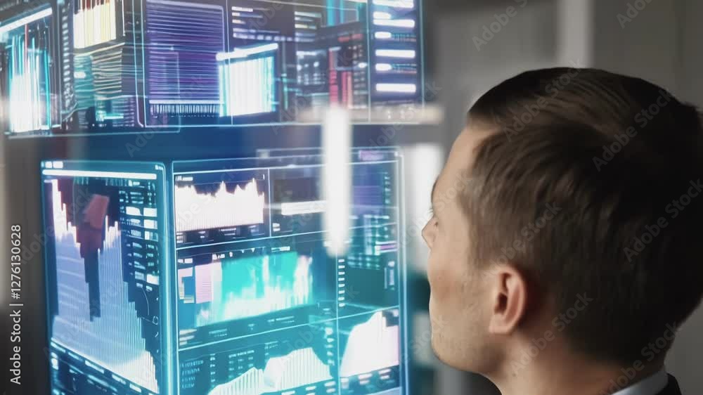 Poster Skilled finance professional analyzing cutting edge holographic data displays, showcasing dynamic financial insights through advanced technology and interactive visualization