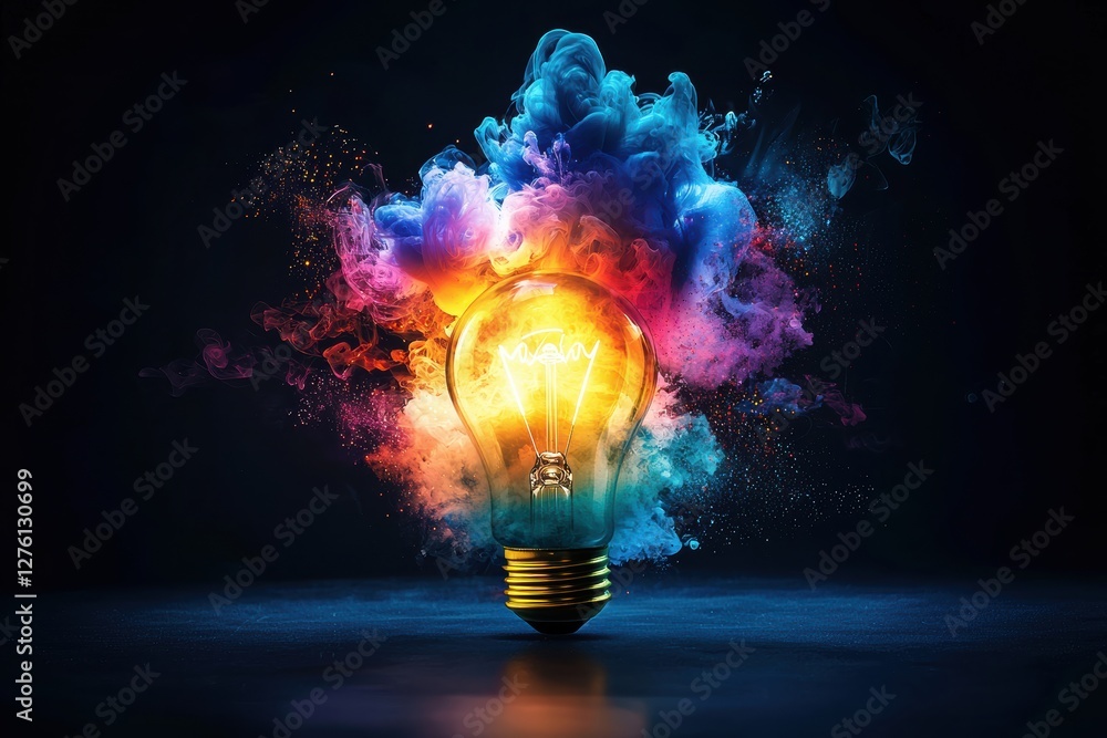 Poster Bright idea exploding with colorful smoke and creativity