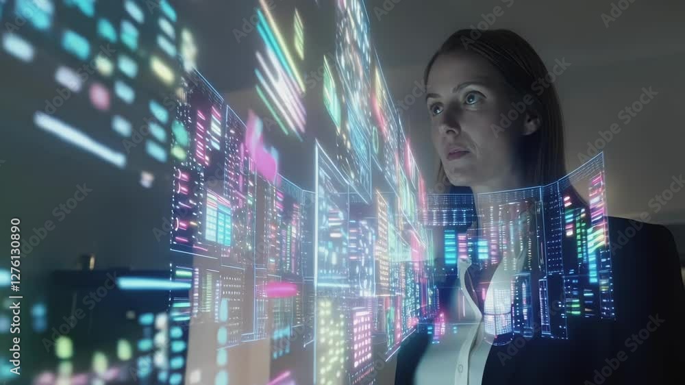 Poster professional businesswoman analyzing intricate digital data through holographic interface, represent