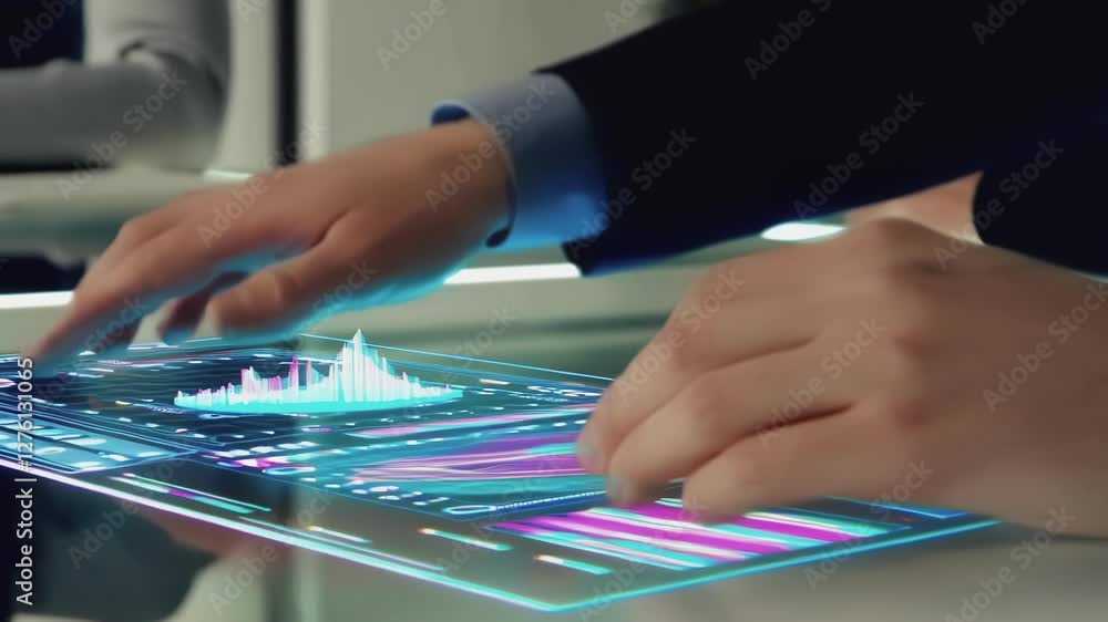 Poster Hands interact with a futuristic holographic interface, manipulating digital graphs and data visualizations in a high tech business setting