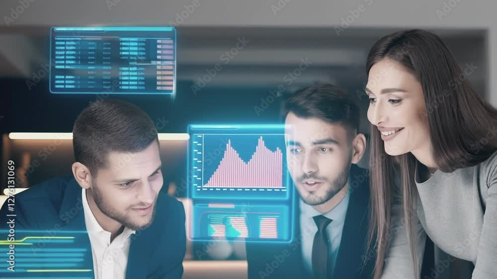 Aufkleber Business professionals collaborating, analyzing financial data through holographic augmented reality interface, visualizing growth strategies with innovative digital technology