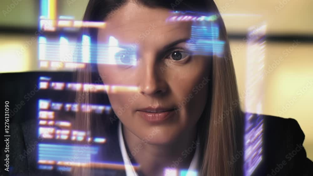 Poster professional businesswoman interacting with holographic data visualization, analyzing futuristic cha