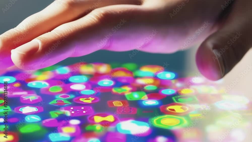 Poster Professional hand interacting with glowing holographic business application icons, navigating digital interface by selecting and activating virtual functions with precise touch gestures