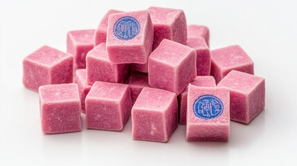 Obraz premium A pile of pink sugar cubes with blue imprints on some, on a white background. Close up view showcasing texture and detail