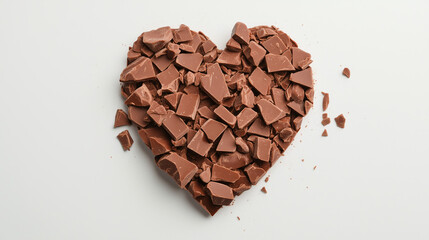 Broken Heart of Chocolate: A heart-shaped arrangement of broken milk chocolate pieces creates a poignant image, suggesting heartbreak or bittersweet emotions. The contrast of the smooth.