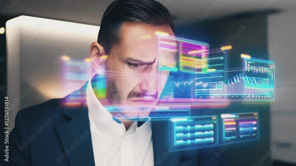 Poster pensive businessman analyzing holographic financial data projection in augmented reality, showing co