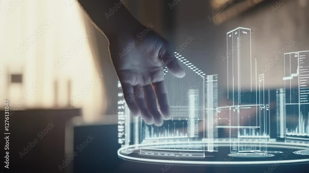 Poster businessman interacts with a holographic projection of a smart city, complete with data analysis and