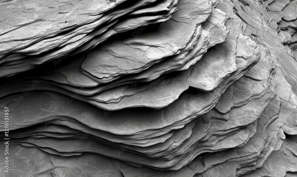 Poster close-up of layered rock formations showcasing intricate textures and patterns in grayscale