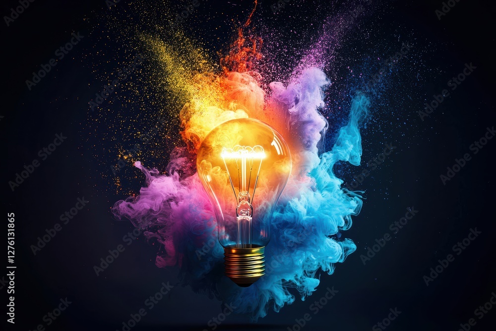 Poster Bright light bulb exploding with colorful smoke and particles