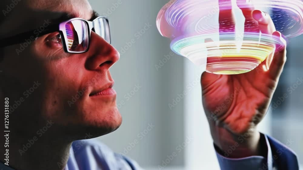 Poster professional businessman wearing glasses interacting with holographic futuristic interface, manipula