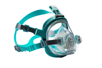Elegant turquoise medical oxygen mask for use in the hospital isolated on a transparent background