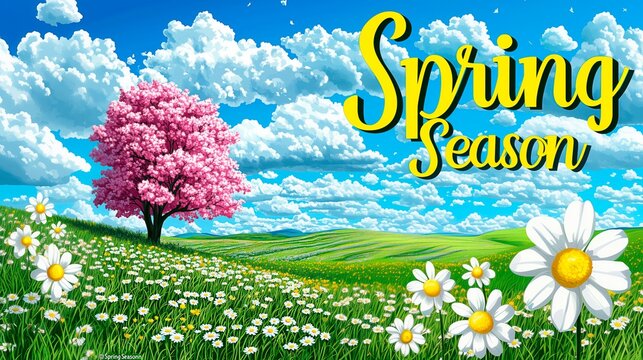 Celebrate the arrival of spring with vibrant flowers and sunny skies in a beautiful landscape, spring season flowers artwork image, springtime advertisement illustration