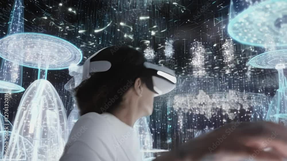 Poster Female scientist wearing virtual reality headset analyzing holographic business data while interacting with advanced digital interface in cutting edge research laboratory