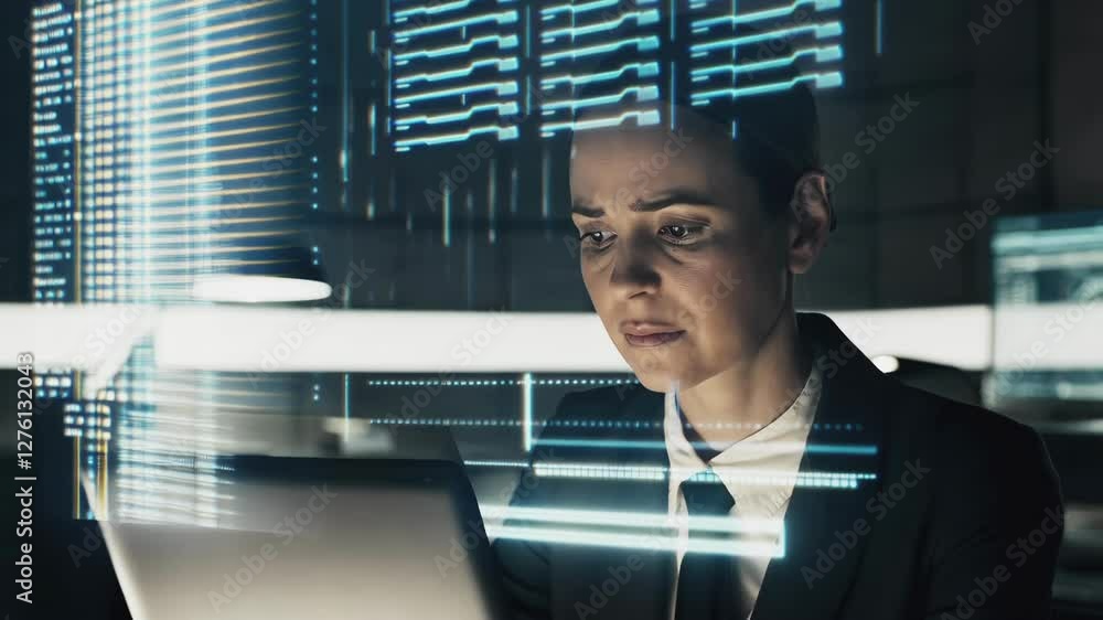 Poster Dedicated businesswoman analyzing data through advanced holographic interface while working late at night in modern office environment. Showcasing cutting edge technology and professional innovation