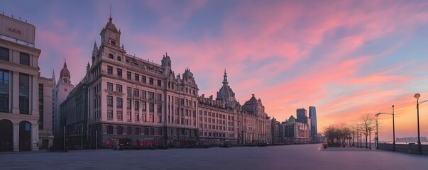 Obraz premium The Bund during sunrise, with soft pastel hues lighting up the historic and modern architecture
