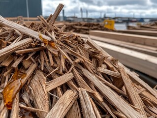 Close Up of Wood Shavings Piled High in Industrial Yard Macro Photography Urban Setting Textural Detail