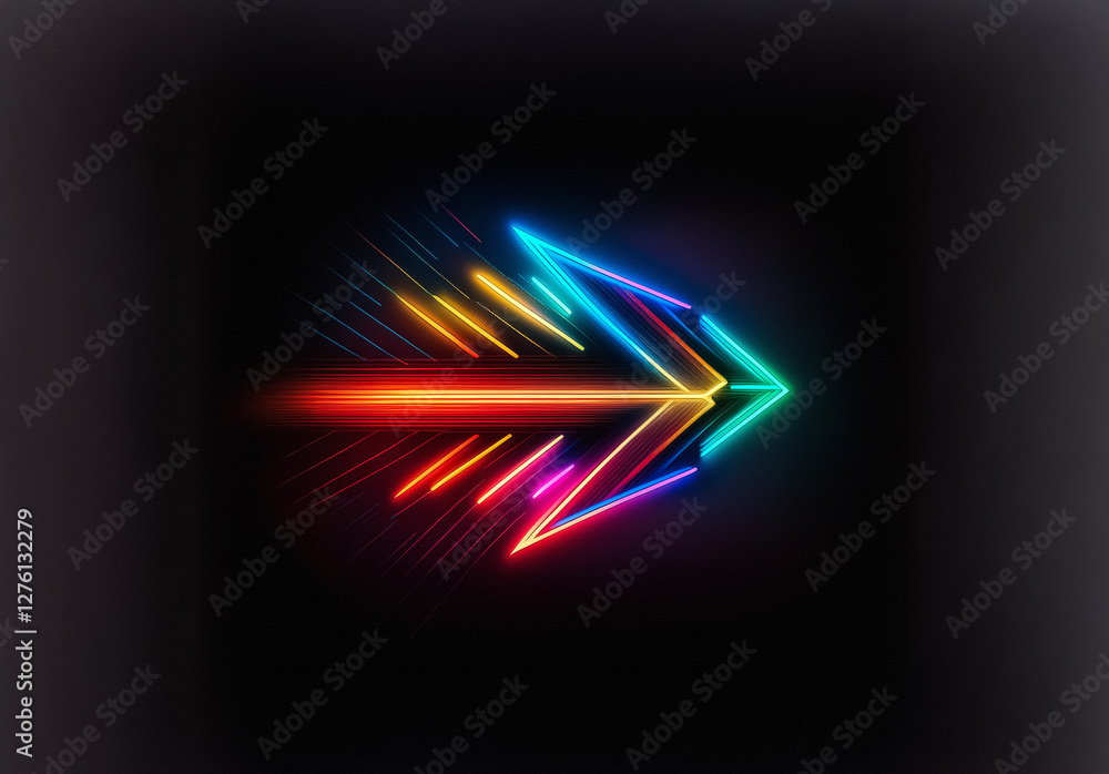 Poster A vibrant, multicolored neon arrow streaks dynamically across a dark background. The arrow glows with rainbow hues, creating a sense of motion and energy.  It points right, suggesting direction and fu