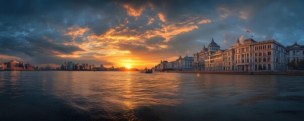 A scenic sunset over The Bund, with the iconic colonial-era buildings bathed in golden light