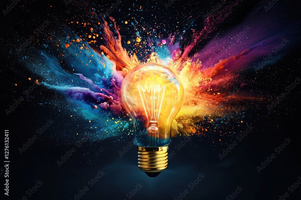 Poster Bright idea exploding with colorful powder paint splash