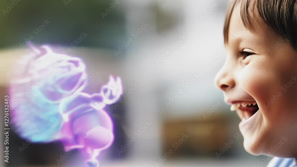 Poster cheerful young boy experiencing immersive interaction with holographic animated character projecting