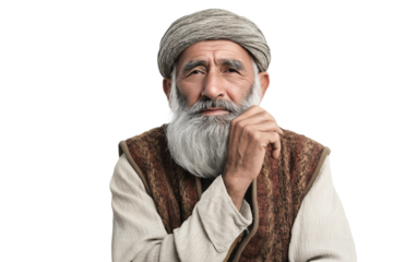 Afghan elder in woolen vest stroking his beard isolated on transparent white background
