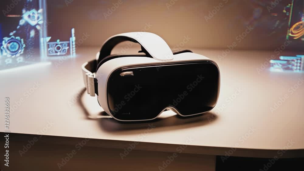Poster Virtual reality headset lying on pristine white surface, projecting dynamic holographic business visualization representing cutting edge technological innovation in digital communication landscape