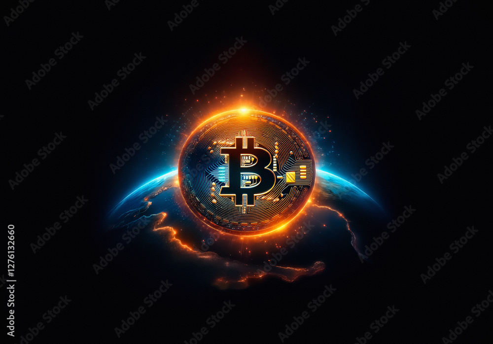 Poster stylized bitcoin symbol with circuit board design, radiating orange light and electric sparks. set a
