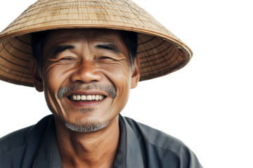 Cambodian farmer in conical hat smiling with closed eyes isolated on transparent white background