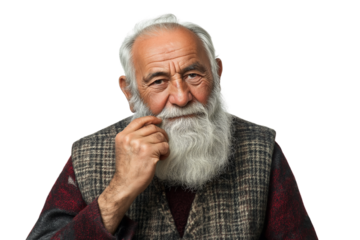 Afghan elder in woolen vest stroking his beard isolated on transparent white background