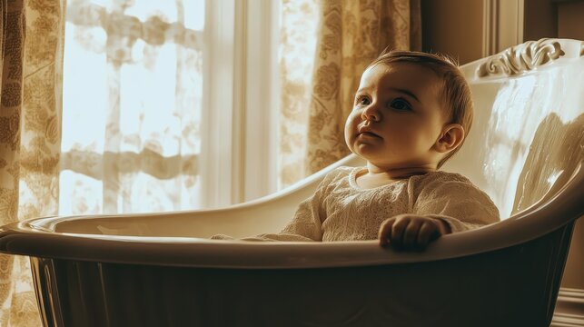 A serene baby sits contemplatively in a vintage bathtub, bathed in soft lighting that evokes calm and introspection, highlighting the peacefulness of early childhood.