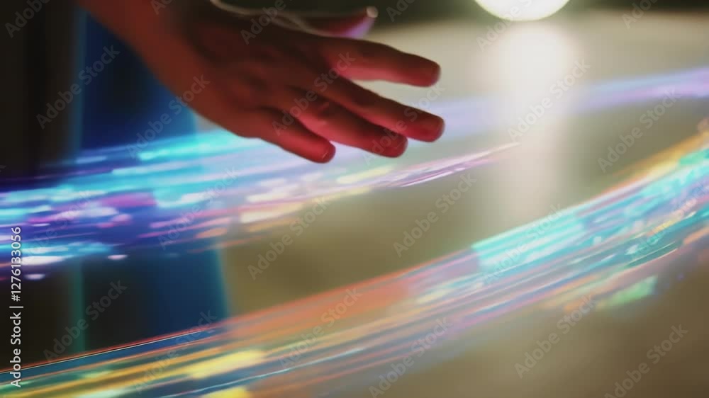 Poster Businesswoman explores data visualization on a holographic interface, her hand gestures manipulating streams of colorful light representing complex information in a futuristic business setting
