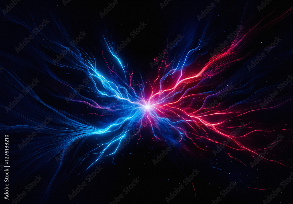 Fototapete Abstract image of converging blue and red energy streams from a central bright point against a dark background, creating a dynamic visual.