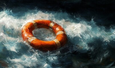 Orange life preserver floats atop turbulent ocean waves dramatically.