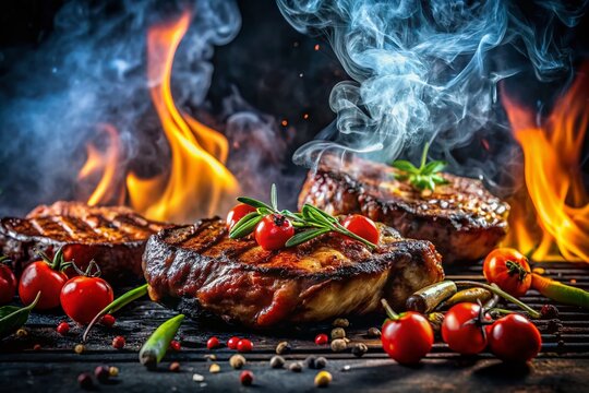 Dark, smoky food photography: grilled food with black fumes rising, dramatic lighting