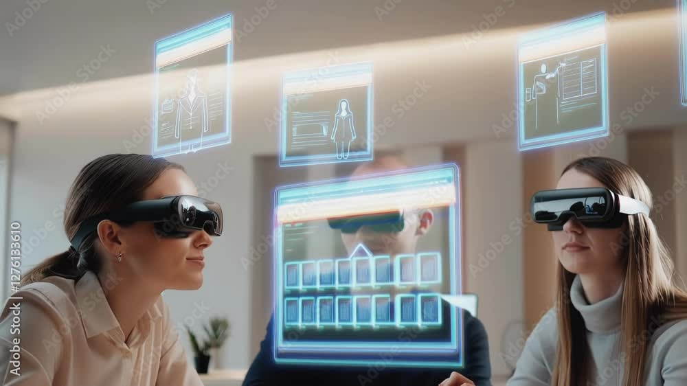 Poster business colleagues wearing vr headsets are interacting with holographic interface, exploring data a