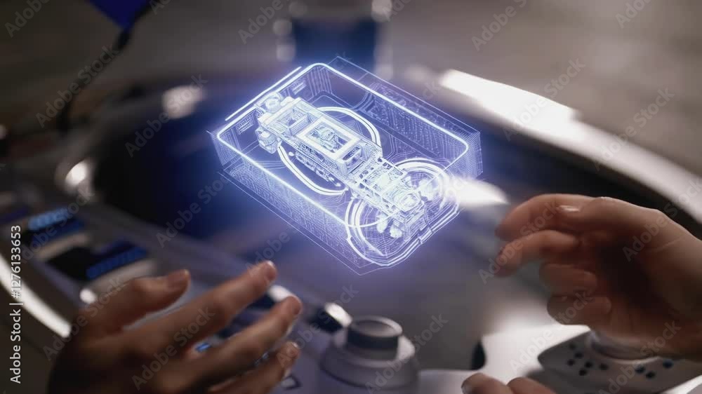 Aufkleber Engineers manipulate a holographic projection of a complex engine, showcasing innovative design and analysis techniques in a technological workspace