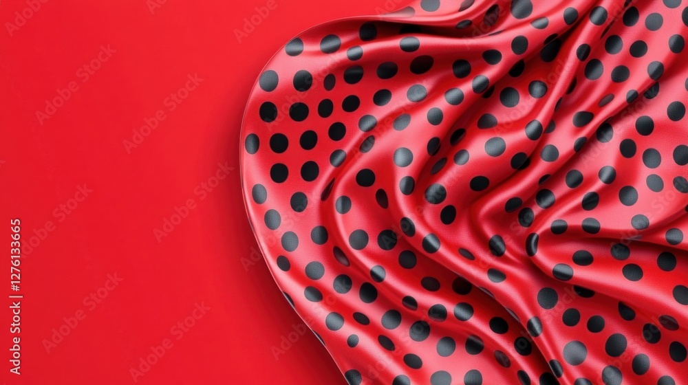 Poster red fabric with black polka dots, draped on a red background. the fabric is smooth and shiny, creati