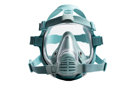 Elegant turquoise medical oxygen mask for use in the hospital isolated on a transparent background